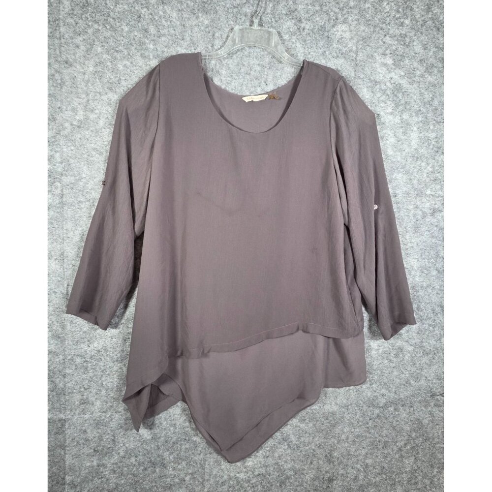 Soft Surroundings Taupe asymmetrical hem Layered Roll Tab Sleeve Tunic Top Sz 1X